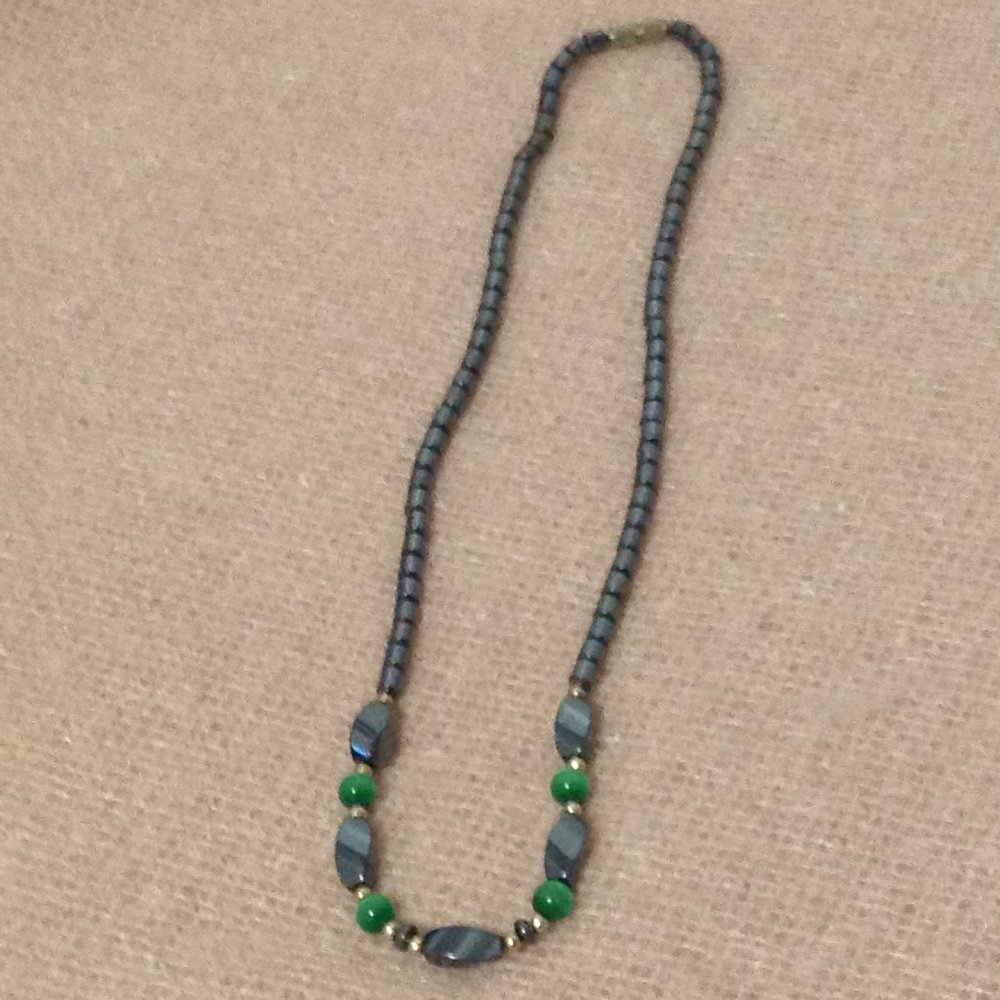 Hematite with Green Cat's Eye Beaded Necklace